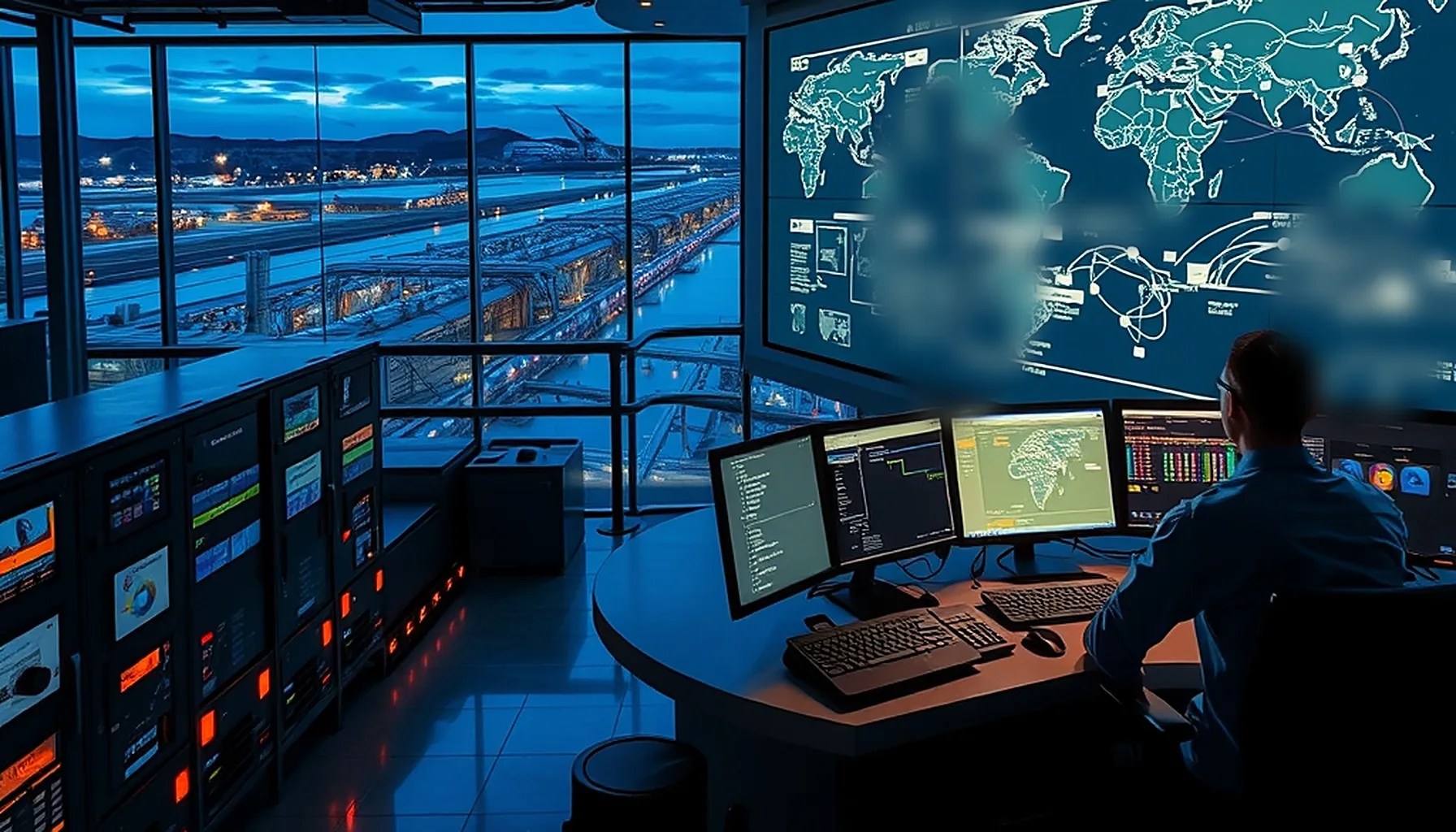Operations engineer in a modern industrial control room monitoring programmable logic controllers and a global threat map overlooking a critical infrastructure facility at dusk