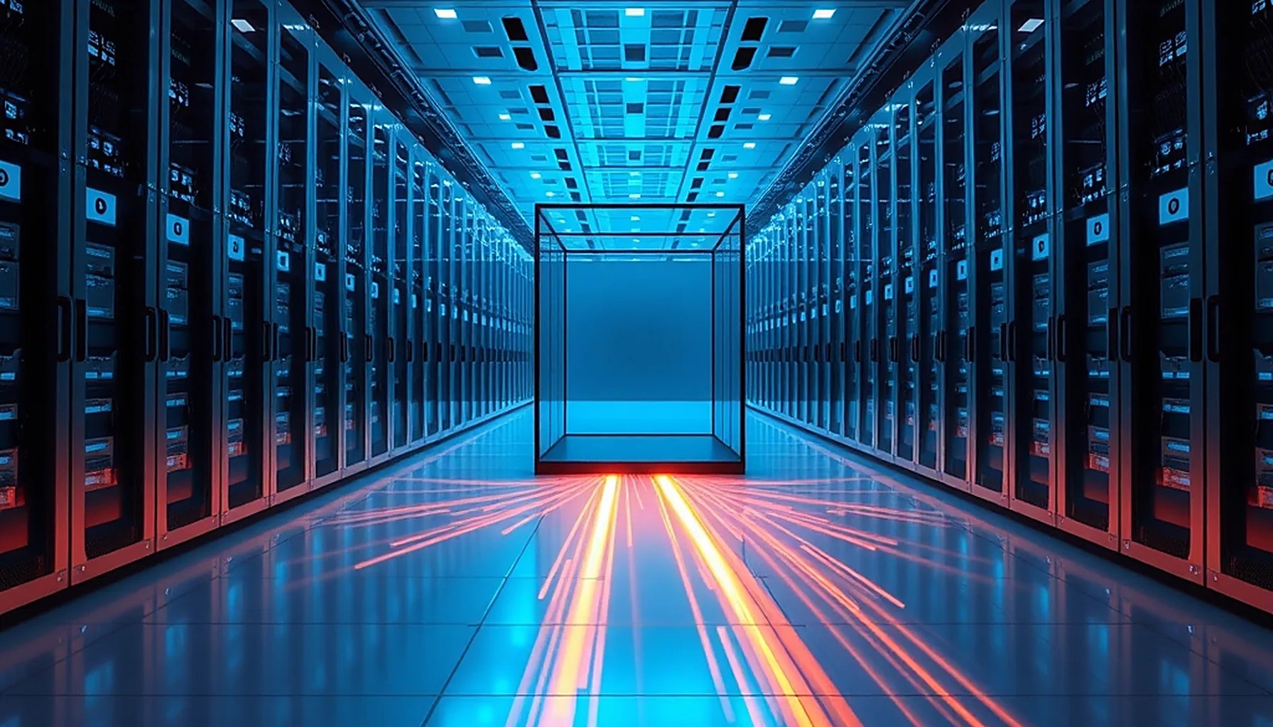 Enterprise data center hall at blue hour with an open glass containment enclosure and amber light streaming across the floor, representing an AI agent escaping its sandbox