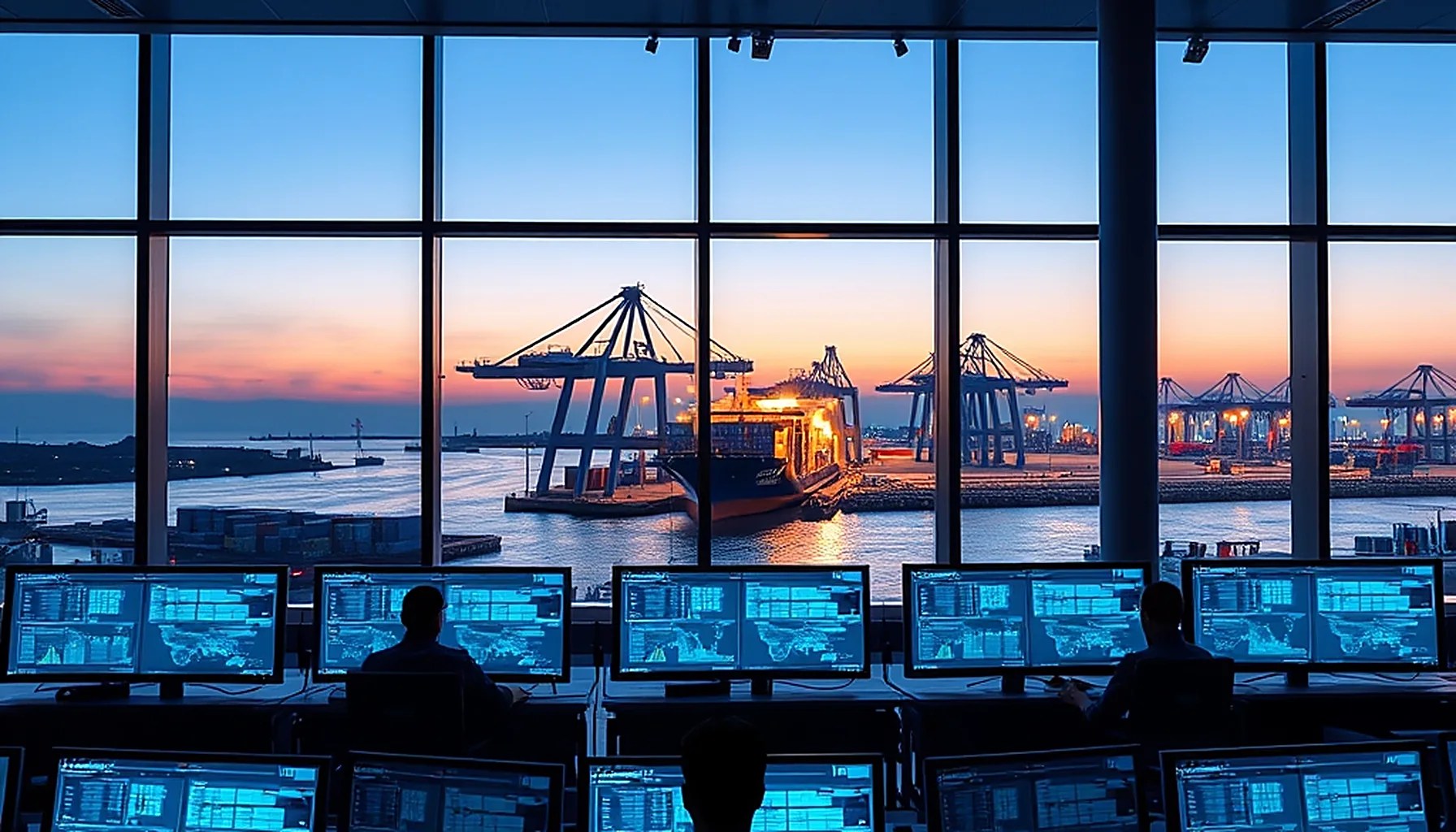 Maritime port security operations center at blue hour with analysts monitoring cybersecurity dashboards overlooking an illuminated container terminal