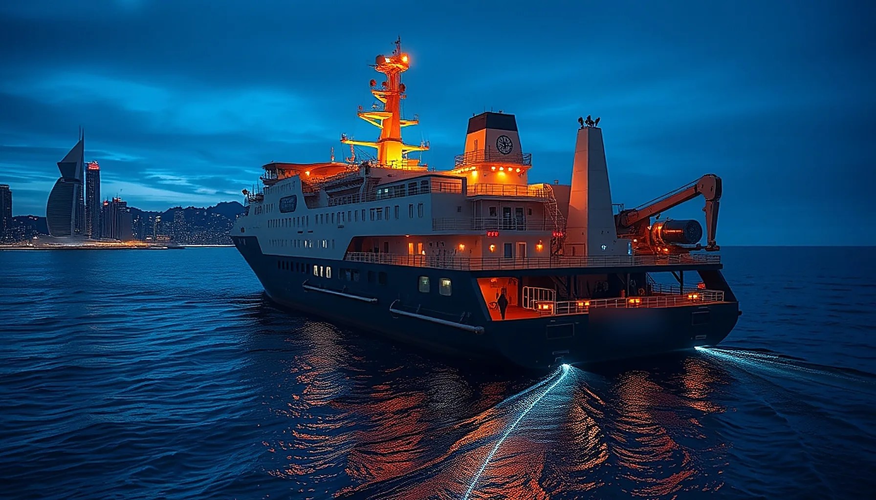 Cable repair vessel at blue hour with glowing subsea fiber optic cable routes beneath the ocean surface near a coastal city skyline