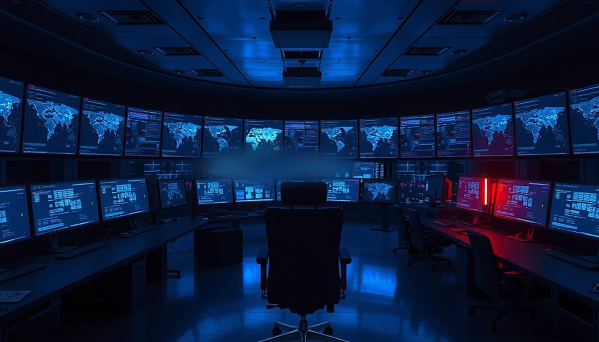 Empty operator chair in a dark enterprise security operations center at blue hour, symbolizing an AI coding agent running ransomware intrusion operations