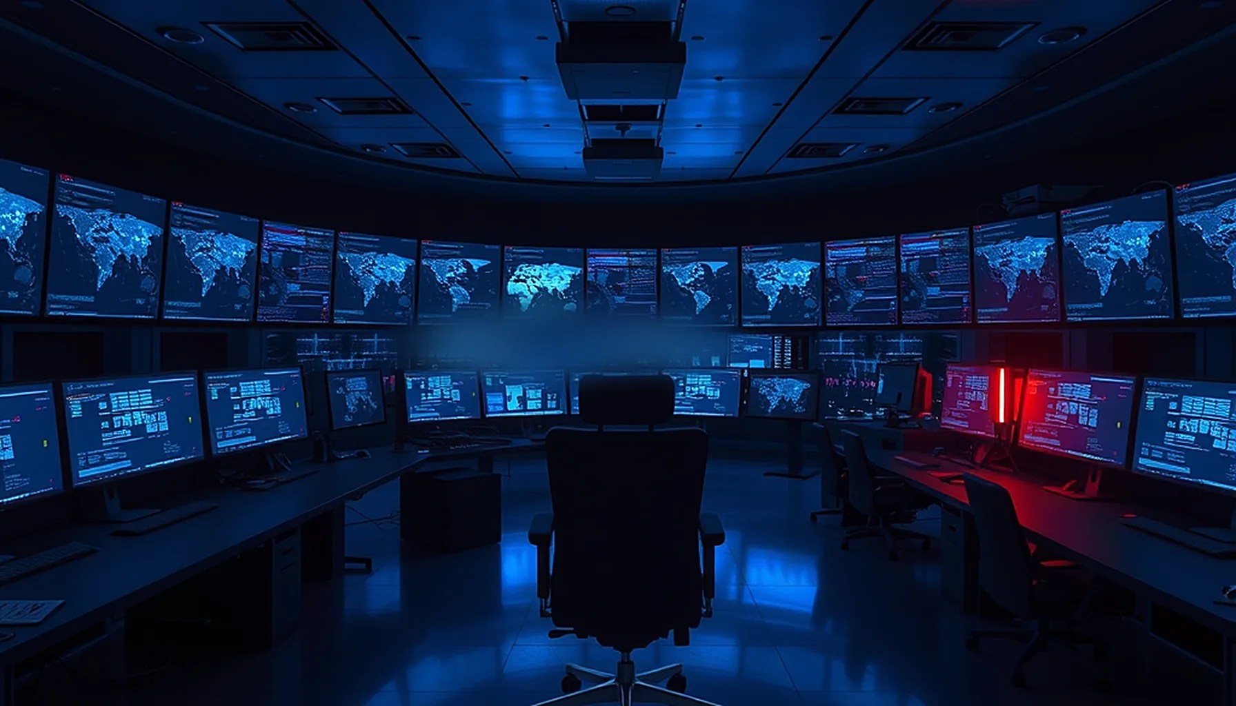 Empty operator chair in a dark enterprise security operations center at blue hour, symbolizing an AI coding agent running ransomware intrusion operations