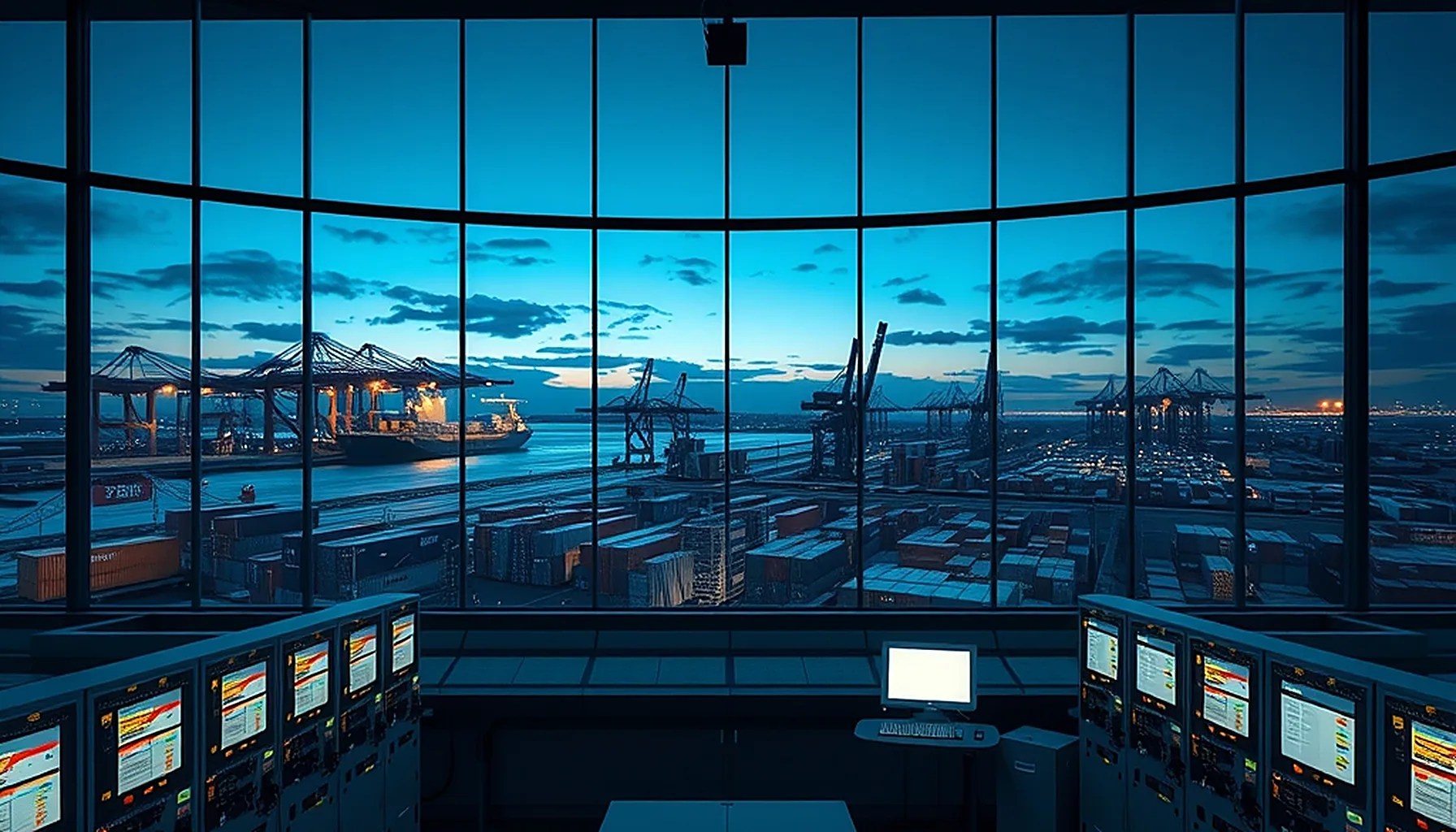 Blue-hour maritime port control room with industrial PLC control cabinets overlooking container terminal and ship-to-shore cranes