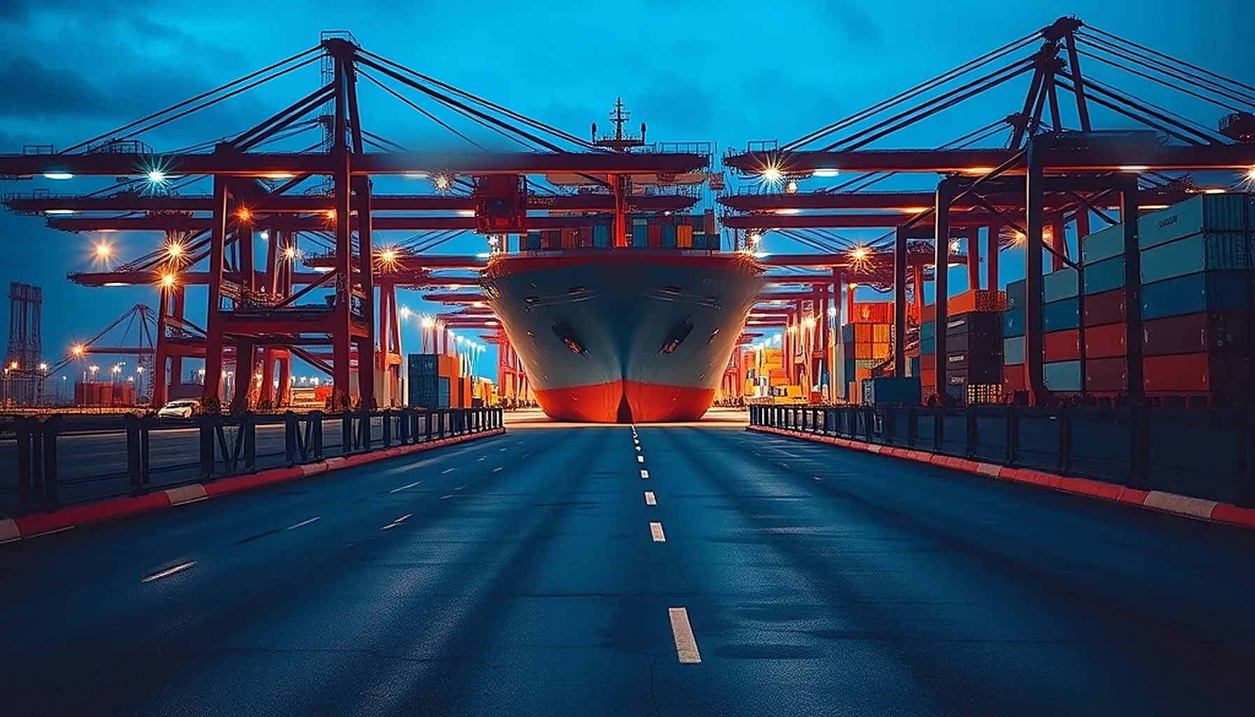 Container ship berthed beneath gantry cranes at a port terminal at blue hour, representing perimeter firewall security across the Marine Transportation System