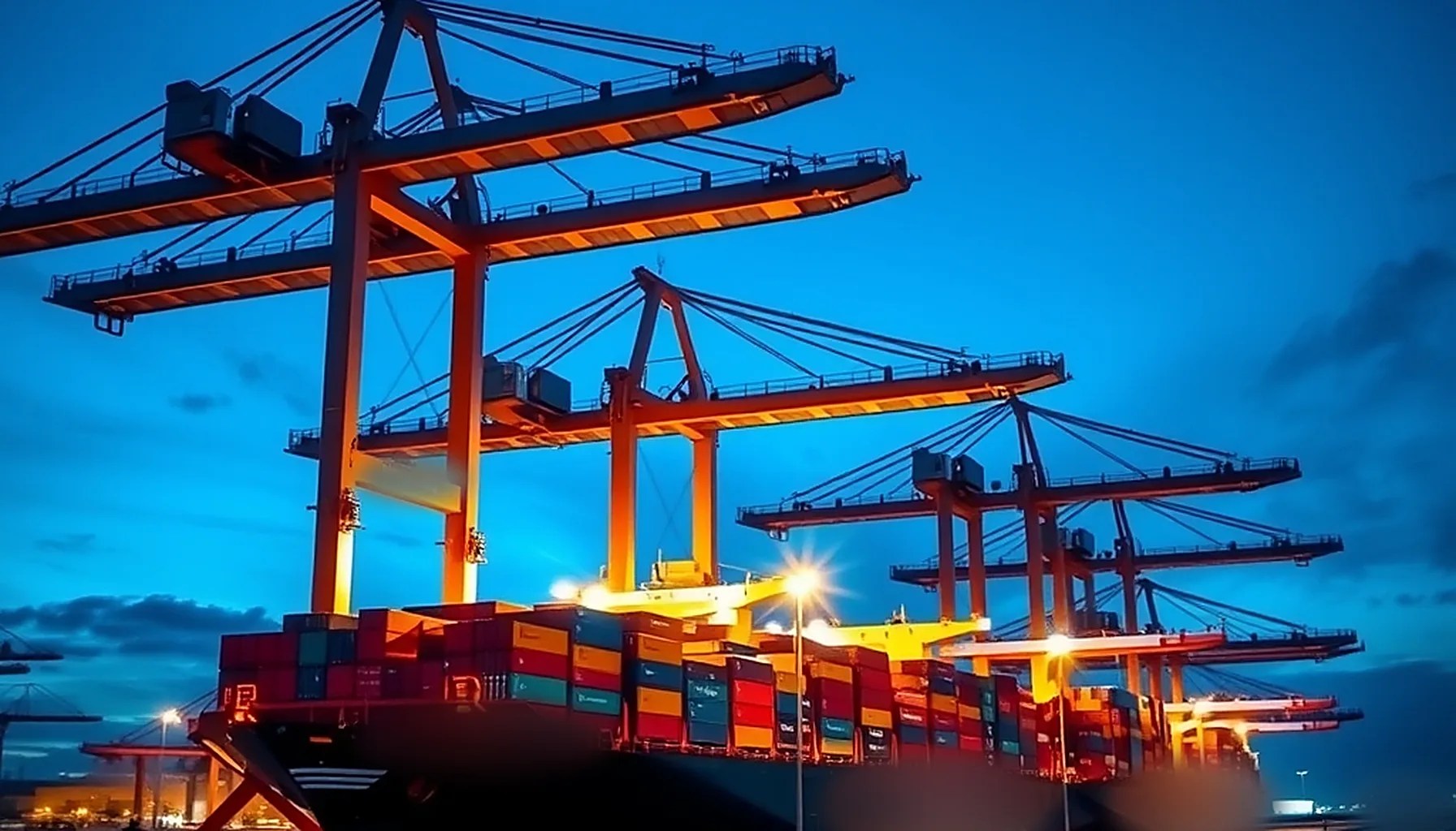 Container port at night during blue hour with illuminated gantry cranes over a berthed container ship, symbolizing ransomware disruption at the Port of Tanjung Pelepas