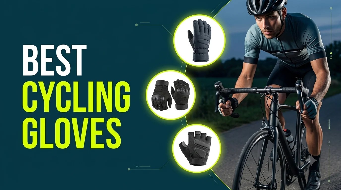 Featured banner for Best Cycling Gloves guide showing Cycle Addons thermal winter gloves, tactical hard knuckle gloves, fingerless padded gloves, and a cyclist riding