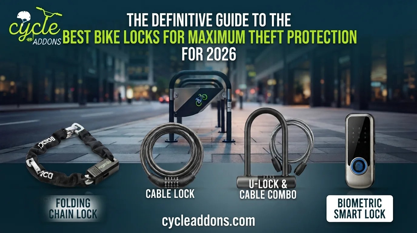 A professional featured image for an article titled 'Best Bike Locks for Maximum Theft Protection in 2026: Complete Rider's Buyer Guide', showcasing various high-security anti-theft devices on a branded background with a small logo watermark.