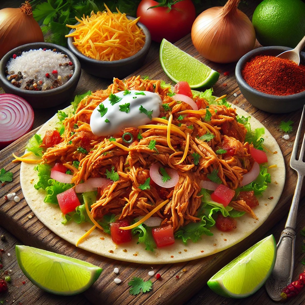 Turkey taco topped with shredded turkey, lettuce, tomato, onion, cheese, and sour cream, with lime wedges nearby.