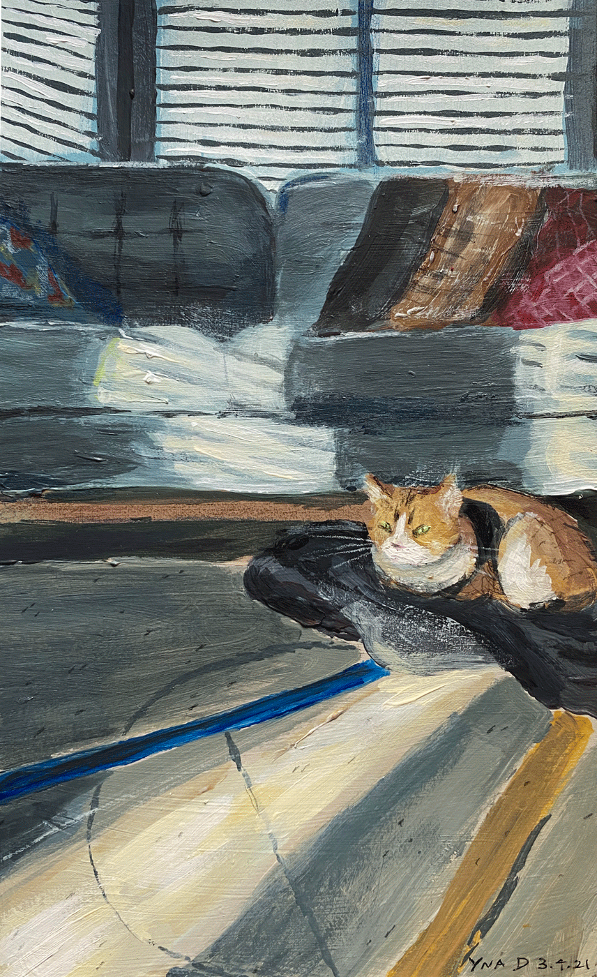 A painting of a brown and white cat sitting on the ground in front of a blue couch