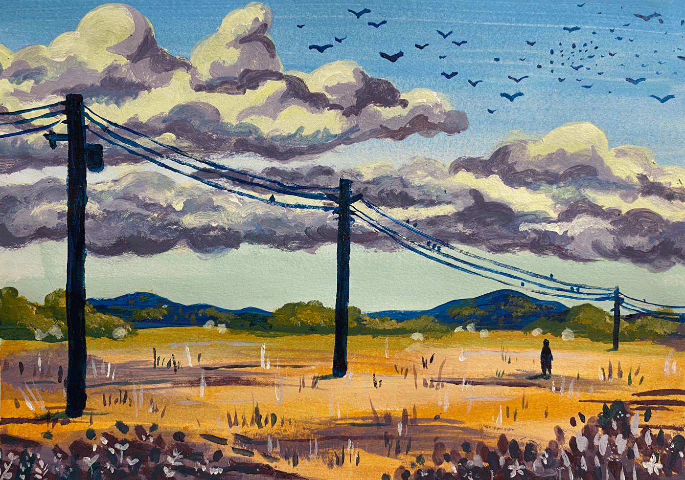 A painting of an open field with telephone poles and cloudy skies. A small figure of a person is in the distance.