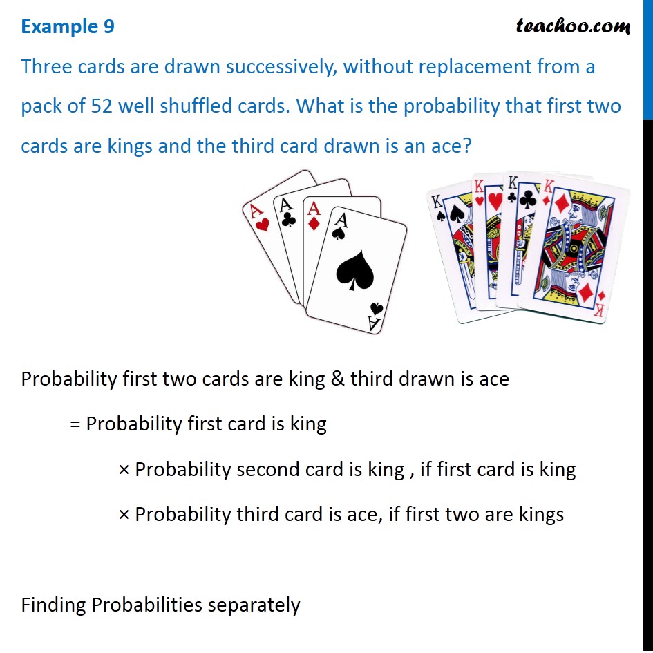 Example 4 One Card Is Drawn From A Well Shuffled Deck Examples There are 52 cards ina pack and each of the 4 suits Clubs Diamonds Hearts Spades has 13 cards 9 number cards 2310 4 face cards Ace Jack Queen King.