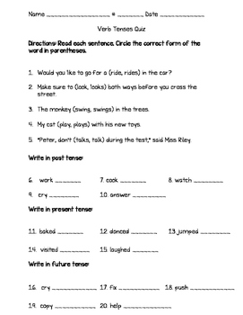 verb tenses quiz teaching resources