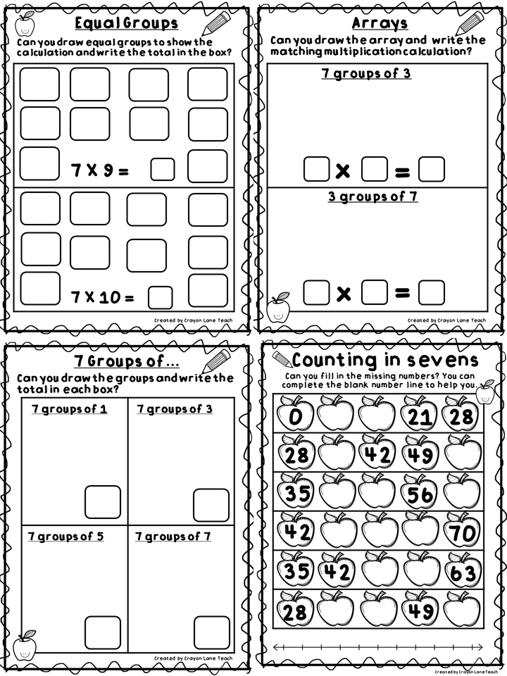 7 times tables multiply by 7 year 2 year 3 worksheets arrays equal
