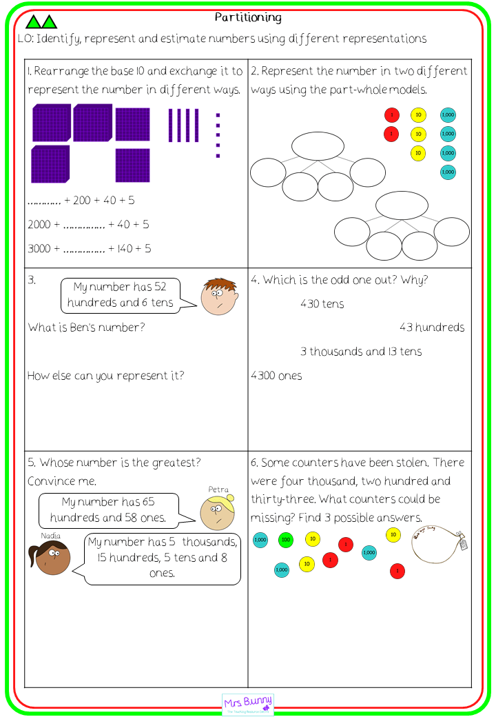 partitioning worksheets year 4 number and place value
