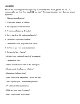 Négation (negation in french) worksheet 1