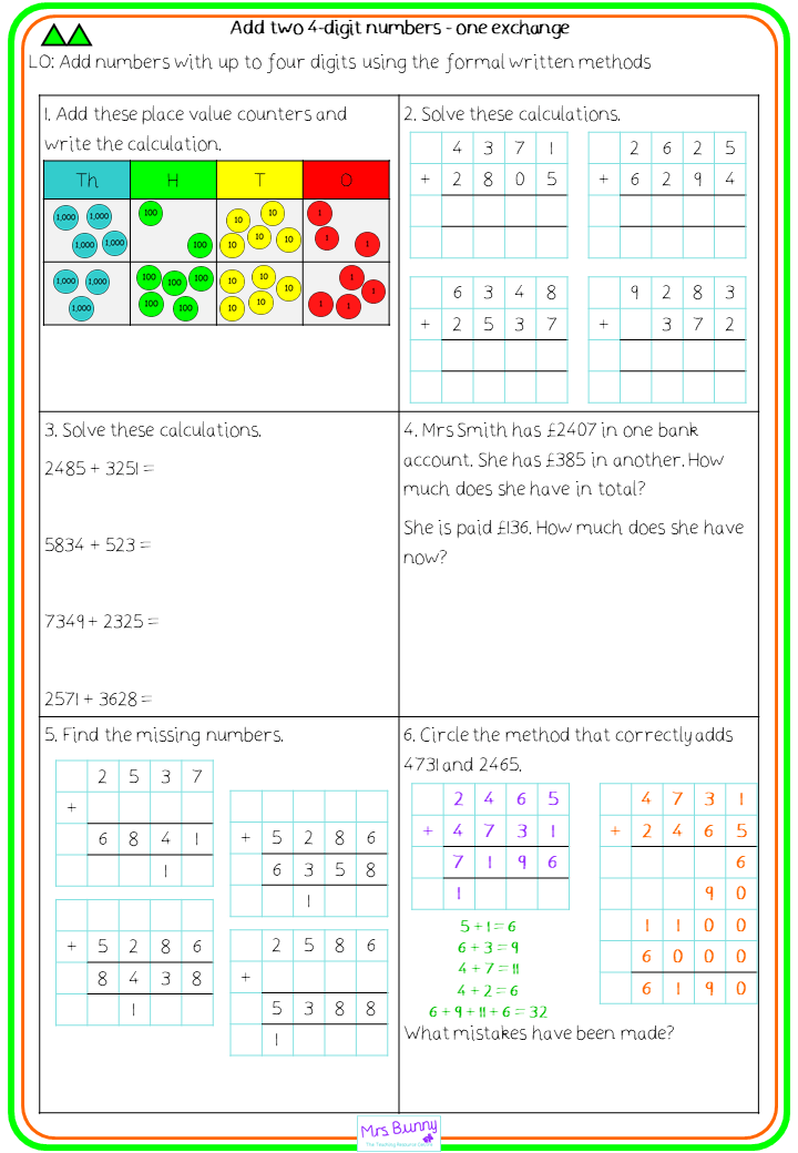 add two 4 digit numbers one exchange worksheets year 4