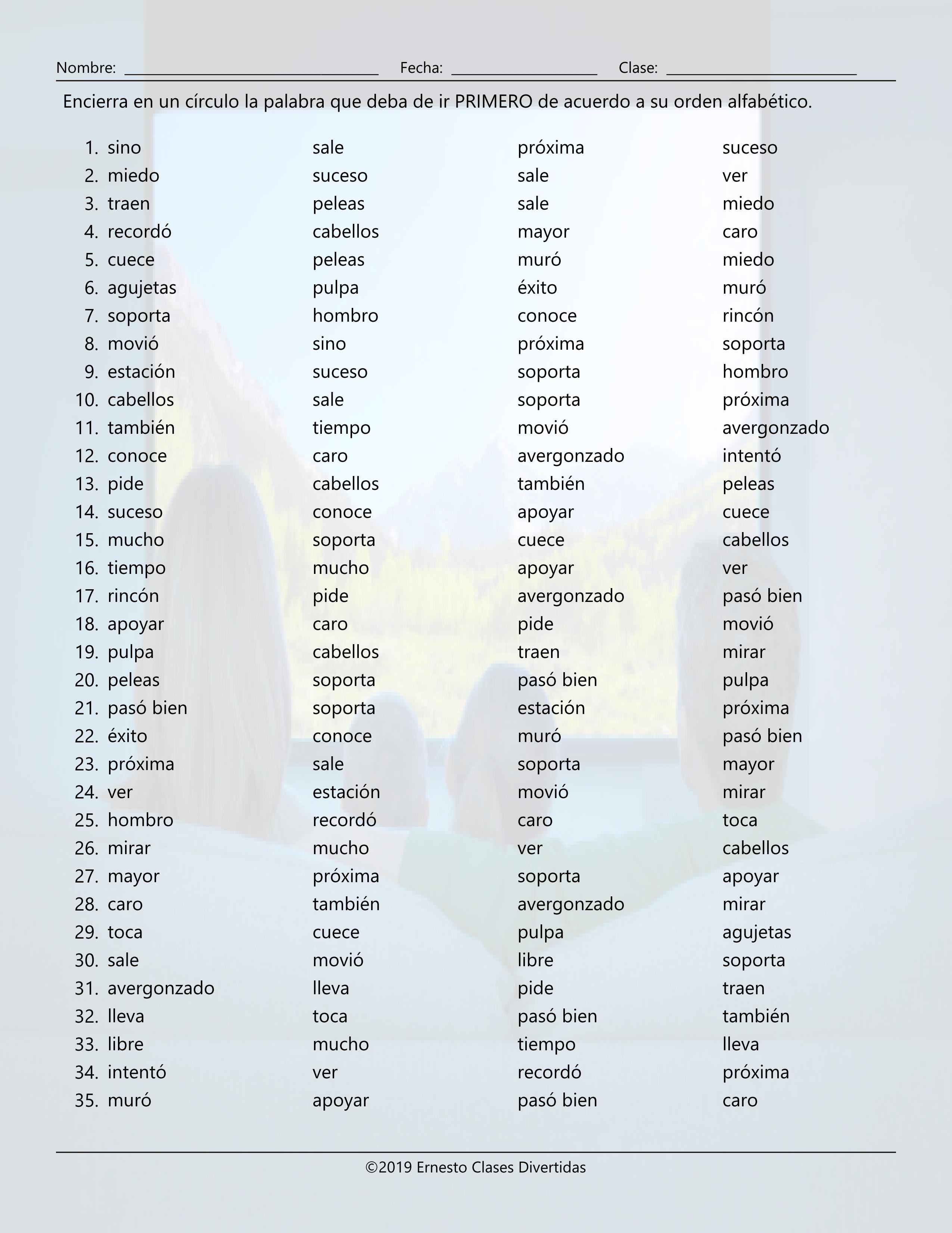 confusing words alphabetical order ii spanish worksheet teaching