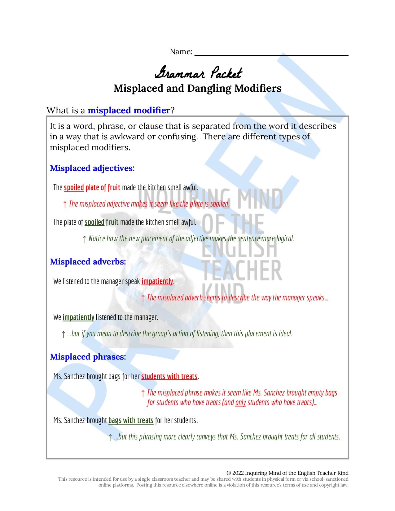 Grammar worksheet on misplaced and dangling modifiers