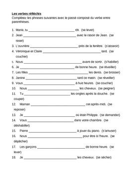 verbes reflechis french reflexive verbs passe compose worksheet 1