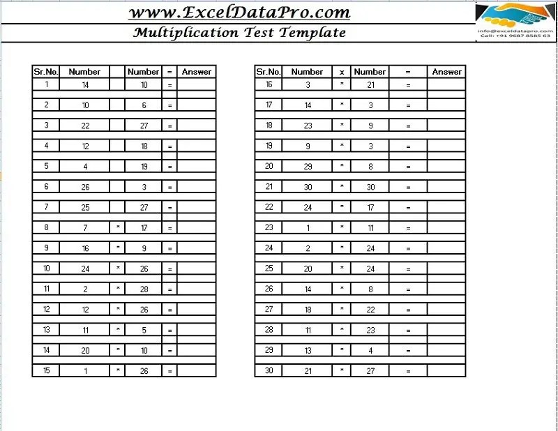 download multiplication table test sheet excel template exceldatapro