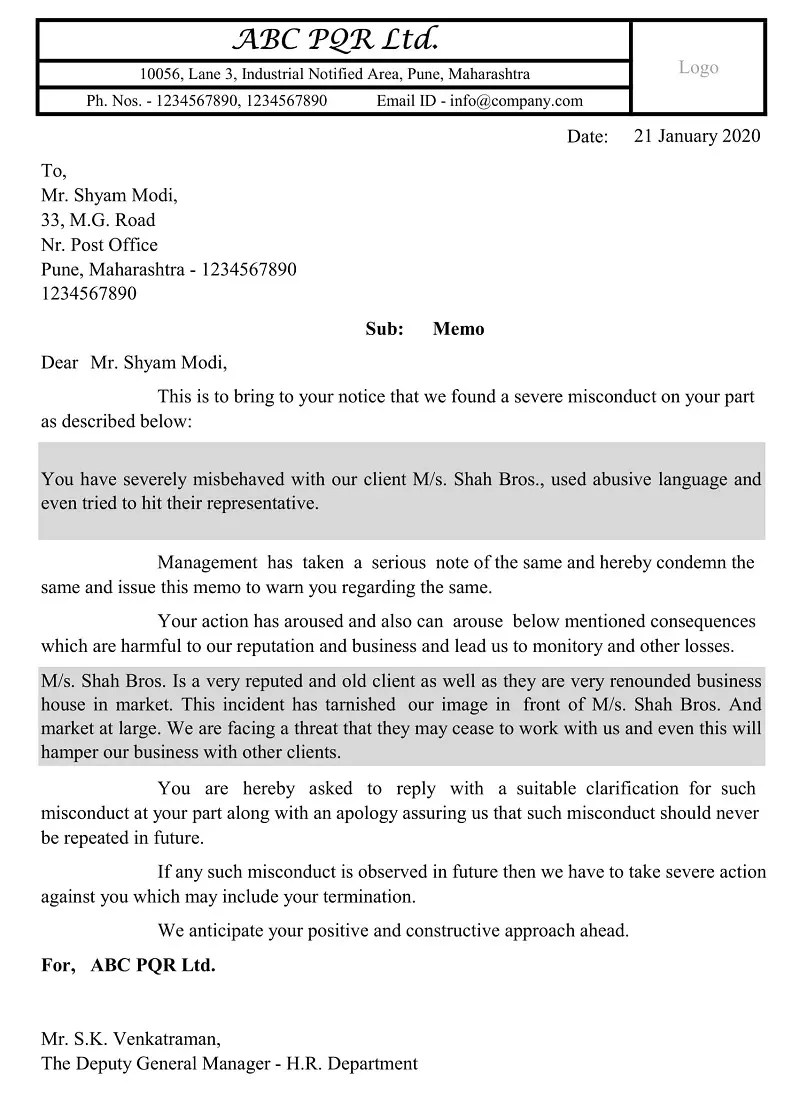 download employee disciplinary memo excel template exceldatapro