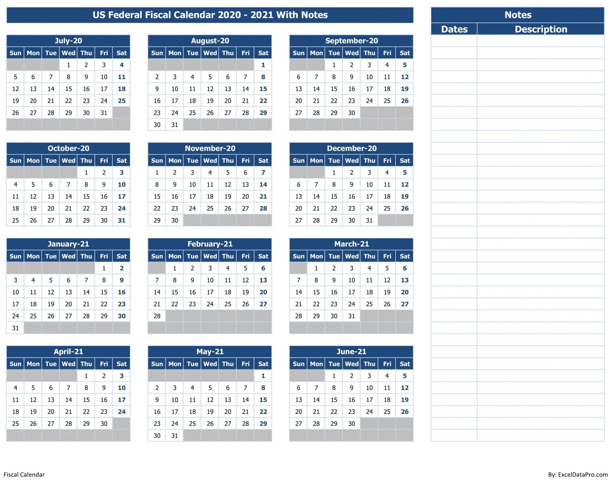 download us federal fiscal calendar 2020 21 with notes
