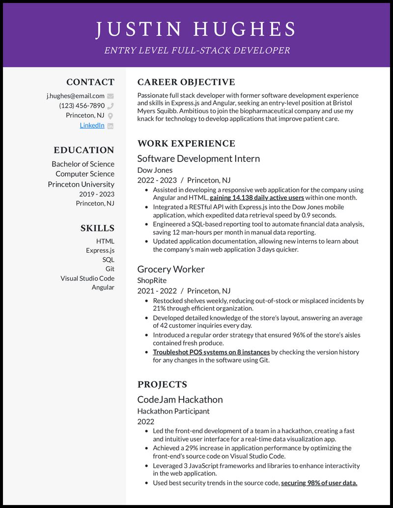 5 Entry Level Full Stack Developer Resume Templates Examples For 2026 - Premium Light Photo Gallery - 8K