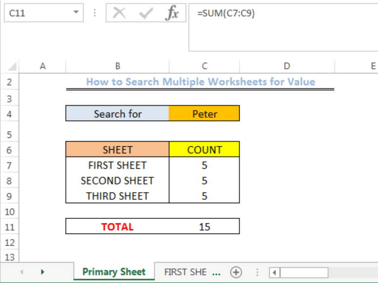 excel formula search multiple worksheets for value