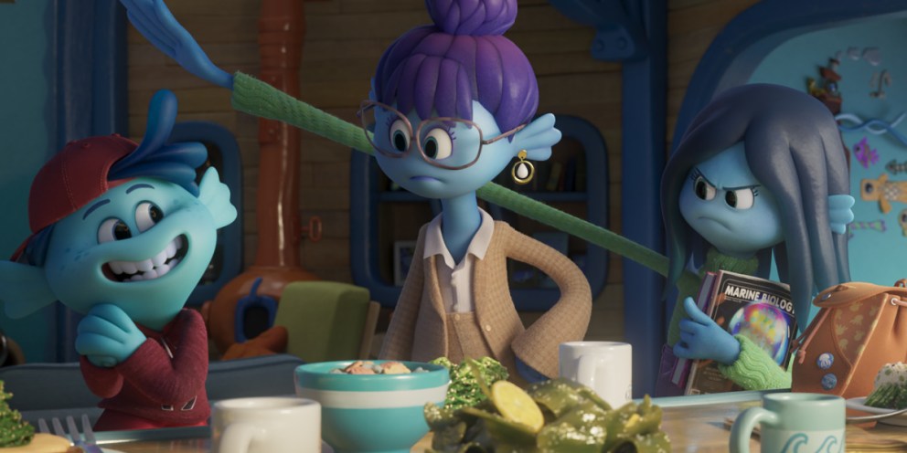 (from left) Sam Gillman (Blue Chapman), Agatha Gillman (Toni Collette) and Ruby Gillman (Lana Condor) in DreamWorks Animation’s 'Ruby Gillman, Teenage Kraken,' directed by Kirk DeMicco.