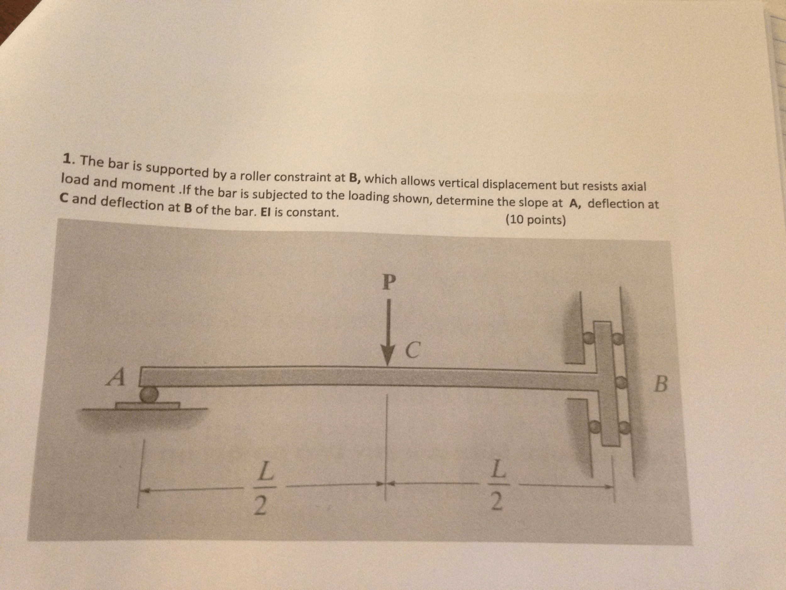 The Bar Is Supported A Roller Constraint At B Which Allows Vertical Displacement But Resists Axial Load And Moment If The Bar Is Subjected To The Loading Shown Determine The Slope If the bar is subjected to the loading shown determine the slope at A.