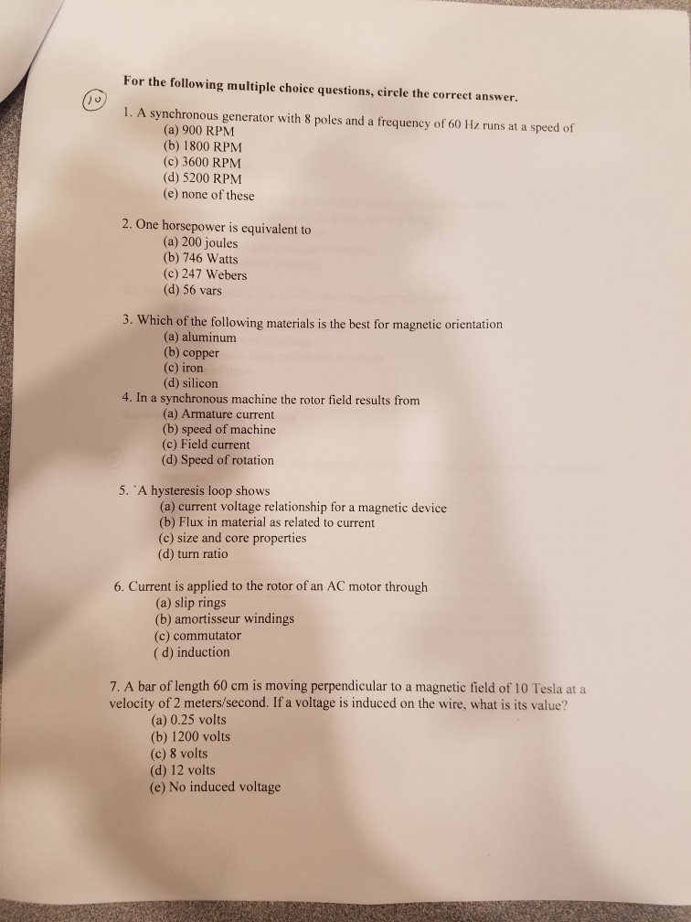 Solved For The Following Multiple Choice Questions Circl