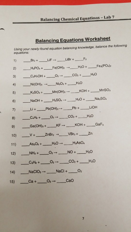 Solved Balancing Chemical Equations Lab 7 Balancing Equ