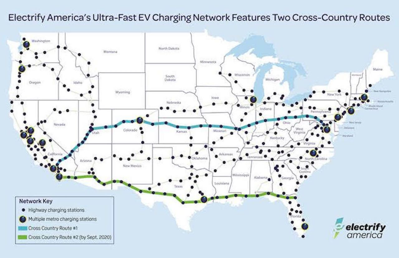 Map For Driving Across The US In An Electric Vehicle.