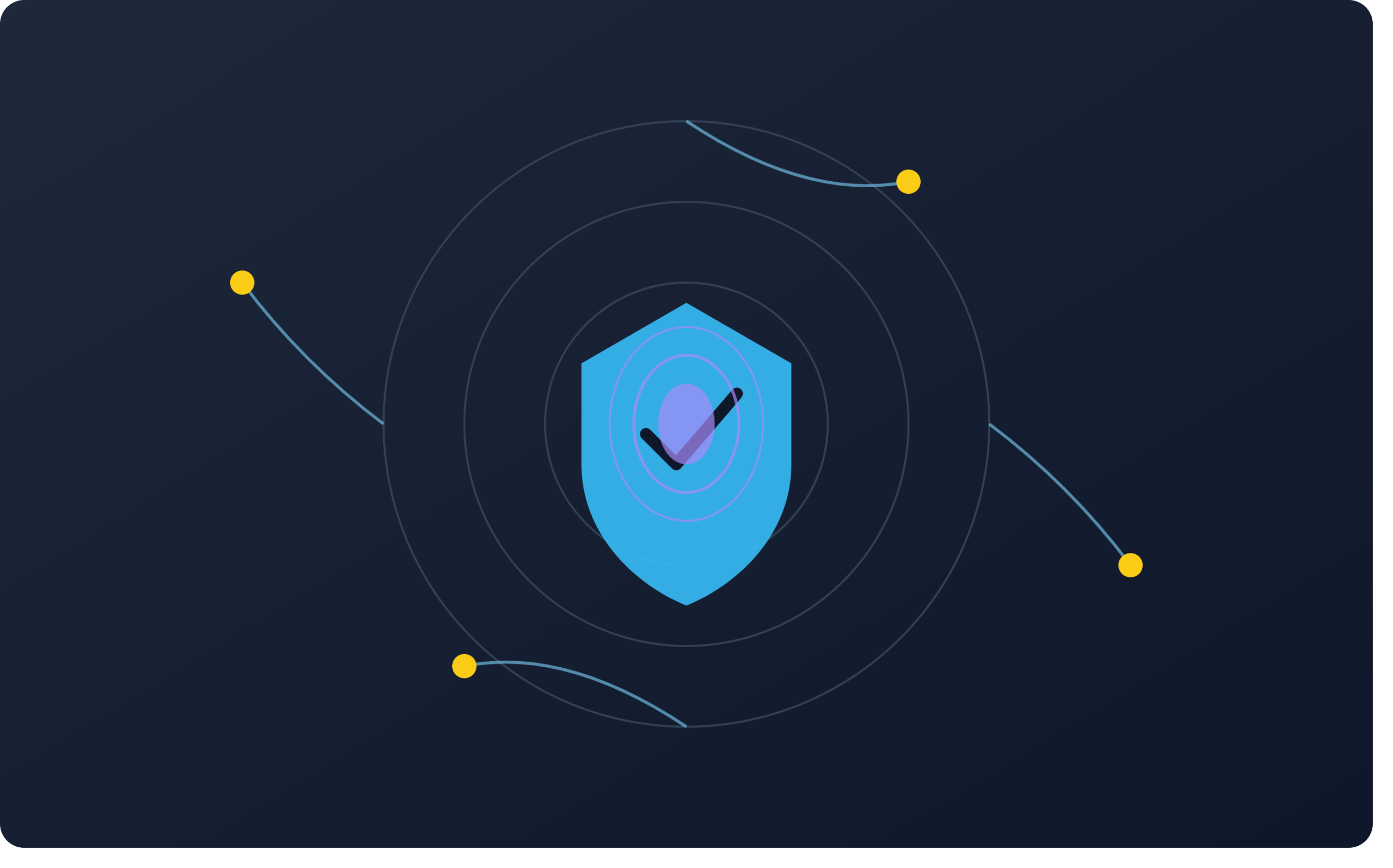 Abstract illustration of a glowing blue shield with a checkmark at the center, surrounded by orbiting rings, connected nodes, and a translucent fingerprint pattern, symbolizing AI-driven authentication.