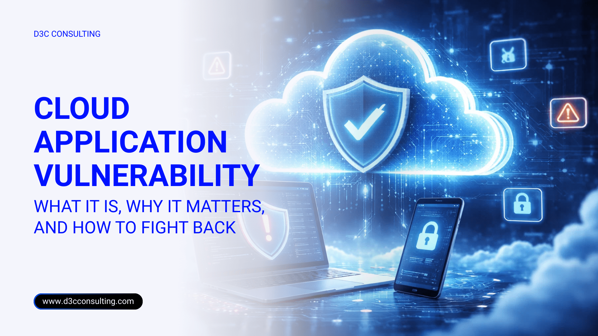 A digital cloud icon with a shield and checkmark symbol representing a secure cloud application environment against vulnerabilities.