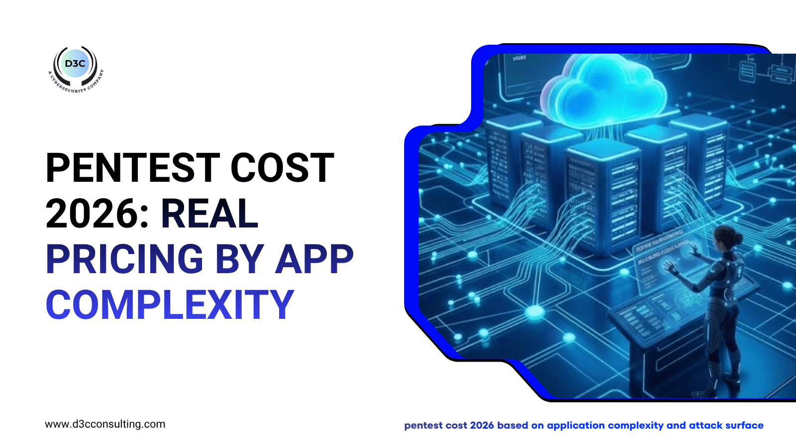 Pentest cost 2026 title graphic showing cybersecurity operations center and cloud server network.