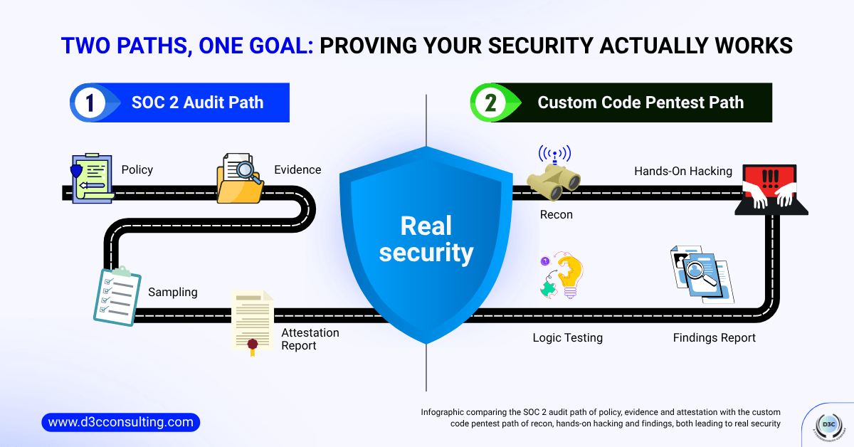 Infographic showing two paths to real security: the SOC 2 audit path with policy and sampling vs custom code SOC 2 penetration testing with hands-on hacking and logic testing.