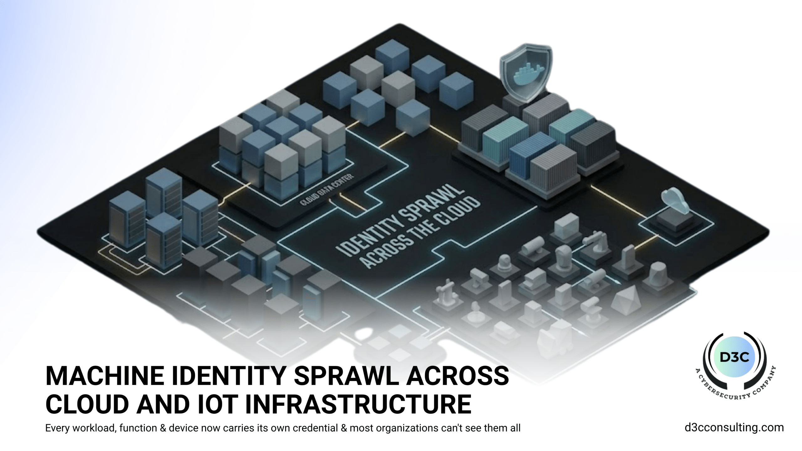 Isometric diagram showing cloud data centers and IoT networks suffering from machine identity sprawl due to unmonitored workloads and devices. Description: An architectural visualization of hybrid enterprise infrastructure impacted by machine identity sprawl. It highlights the risk of fragmented credentials spanning local data centers, public cloud workloads, and physical IoT devices.