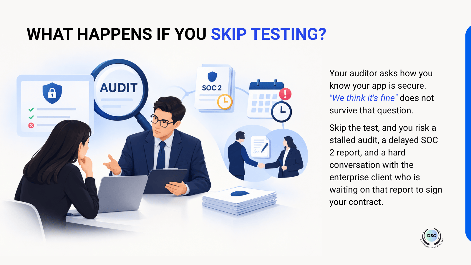 Illustration of an auditor reviewing security documentation with a client, warning against skipping SOC 2 Type II penetration testing requirements.