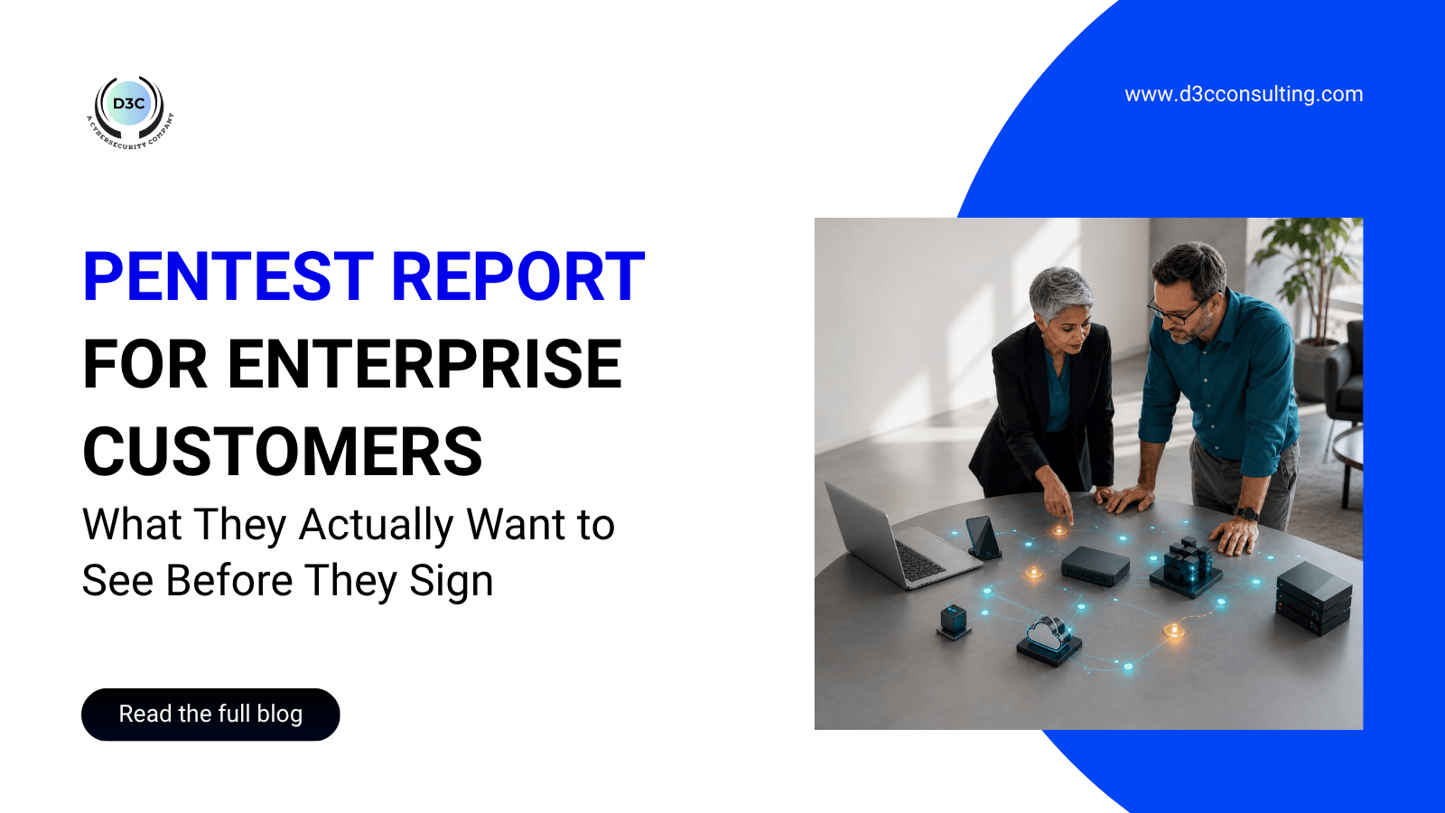 Enterprise buyers discussing cybersecurity infrastructure over an interactive digital display while reviewing a pentest report for enterprise customers.