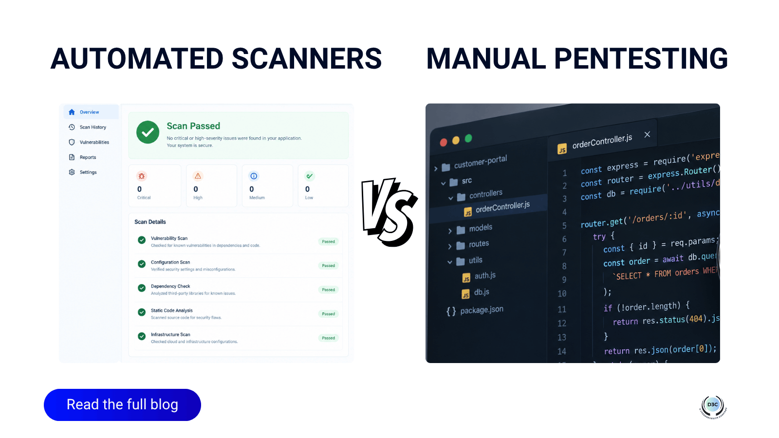 Promotional graphic contrasting automated scanner dashboard reports with custom app manual pentesting source code analysis.