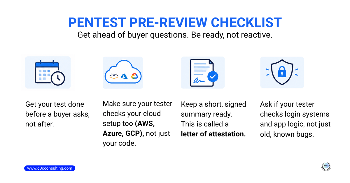 Four-step checklist detailing how to prepare a pentest report for enterprise customers, including cloud coverage, letters of attestation, and logic checks.