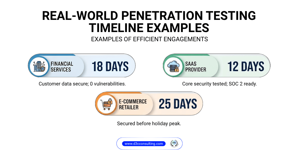 An infographic showing real-world penetration testing timeline durations: 18 days for Financial Services, 12 days for SaaS Providers, and 25 days for E-Commerce Retailers.