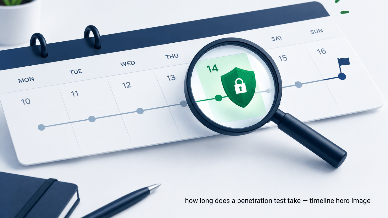 A desk setup featuring a calendar highlighted by a magnifying glass focused on a security shield icon, illustrating a penetration testing timeline.
