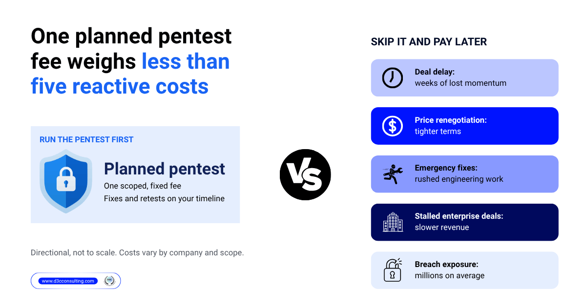 Comparison infographic showing the fixed cost of a planned pentest vs. five reactive costs of skipping it before Series B: deal delays, price renegotiations, emergency fixes, stalled enterprise deals, and breach exposure.