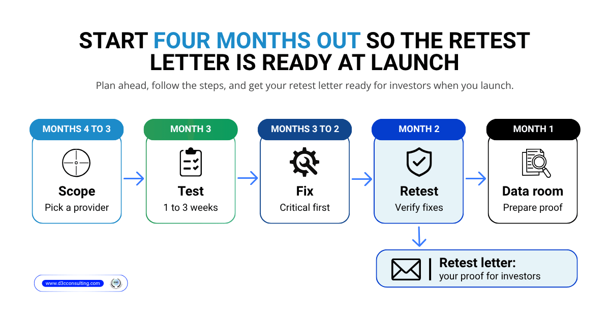 Step-by-step 4-month timeline for penetration testing before Series B launch: scoping, testing, fixing vulnerabilities, retesting, and preparing the retest letter for the data room.
