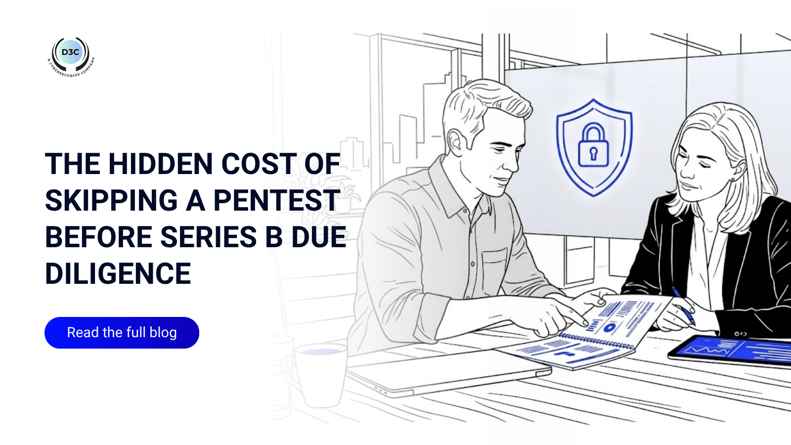 Graphic banner titled 'The Hidden Cost of Skipping a Pentest Before Series B Due Diligence' featuring an illustration of startup founders analyzing cybersecurity audit reports.