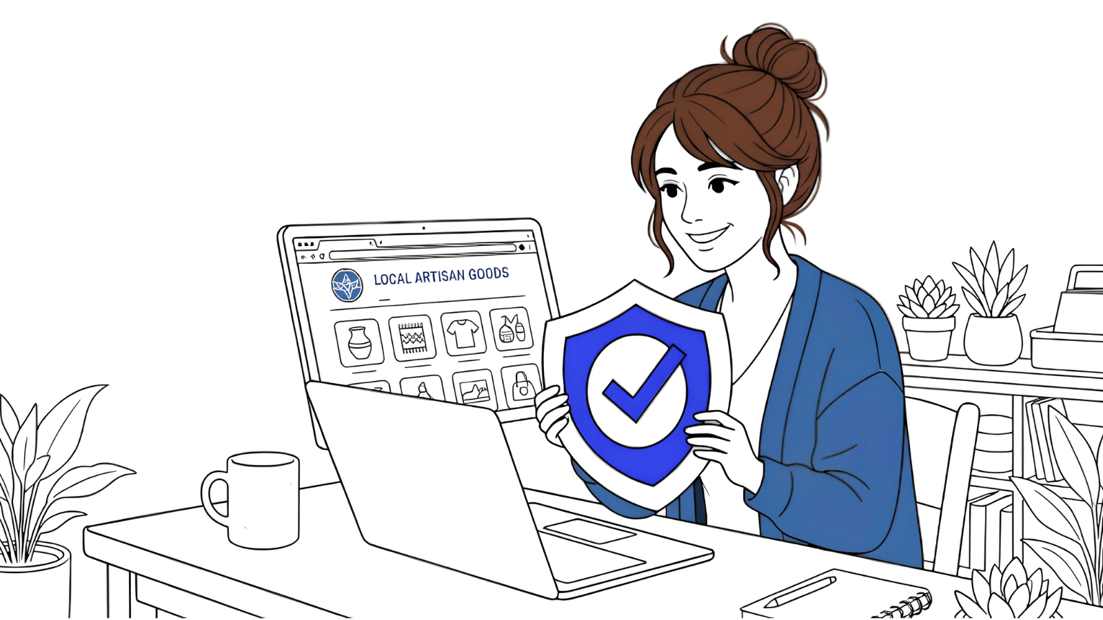 Illustration of an e-commerce store owner holding a security shield next to her laptop displaying an online shop.