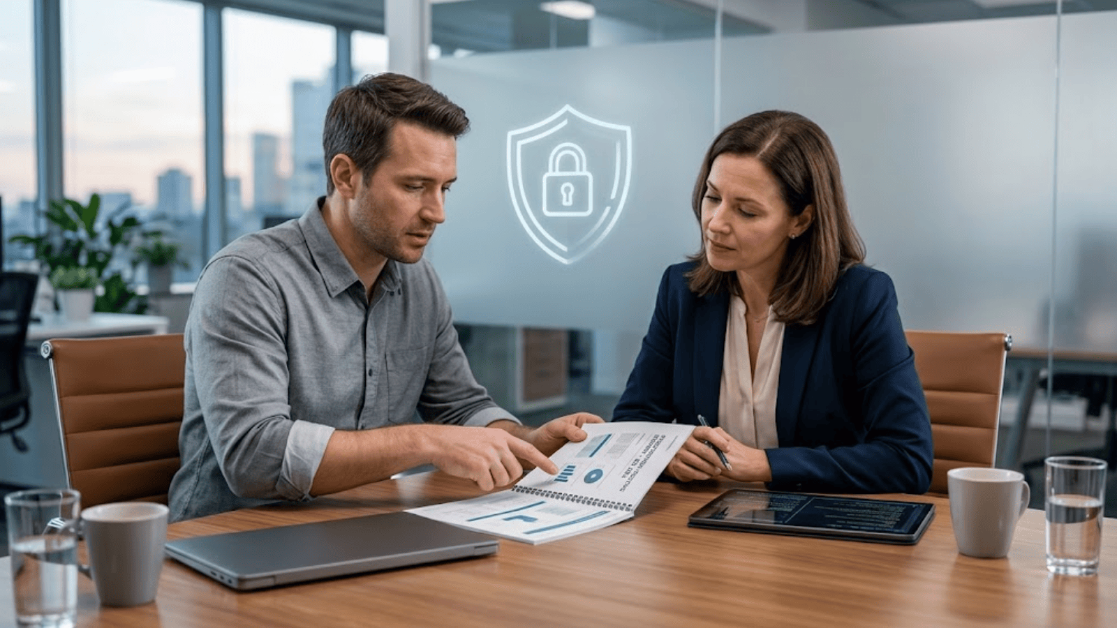 A cybersecurity consultant and a startup founder reviewing security compliance and penetration test reports at a meeting table in a modern corporate office.