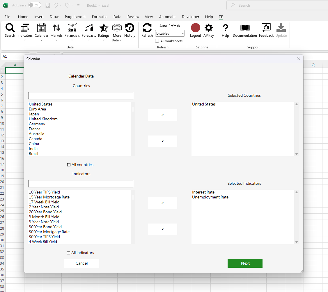 Trading Economics Analytics Excel Addin